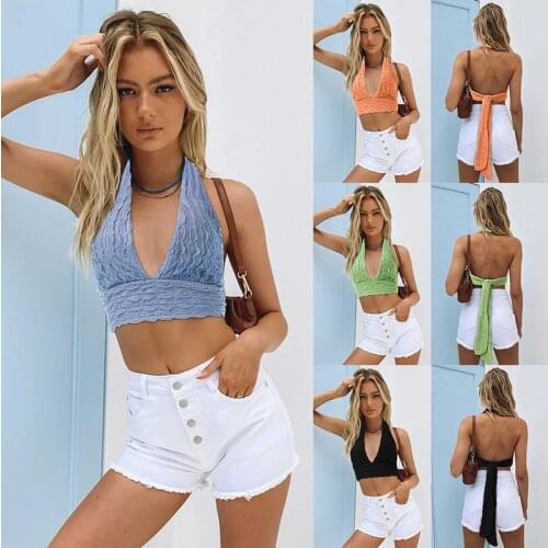 Women Crop Top Deep V Neck Halter Tank Top Summer Backless Sexy Ladies Camis Vest