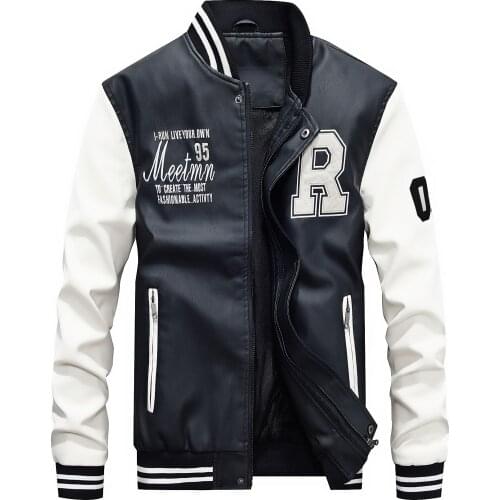 Mens leather fashion V-neck baseball uniform leather jacket mens jacket riding jacket motorcycle racing suit