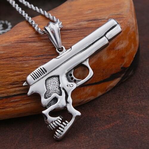 Gothic Skull Pistol Pendant Necklace Men Punk Hip Hop Stainless Steel Biker Skull Necklace Rope Chain Fashion Jewelry Wholesale