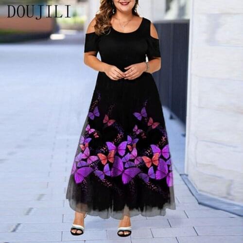 DOUJILI Big Size Dresses Large Flower Printing Elegant Wedding Black Ladies Women Clothing 5XL 4XL Party Wearing
