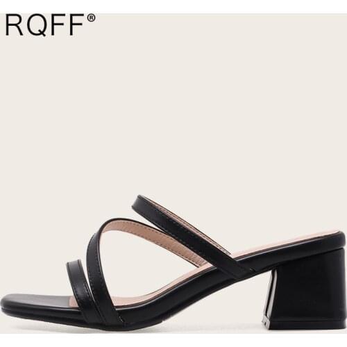 Plus Size 43 Summer Slipper Women 2021 New Solid Fashion Pu Leather 6cm Block Heels Ribbons Mules Black Beige Handmade Shoes