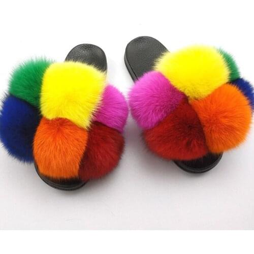 Women Furry Raccoon Fur Slides Fluffy Fur Slippers Real Fox Fur Flip Flop Flat Non-Slip Fur Ball Sandals Ladies Rainbow Shoes