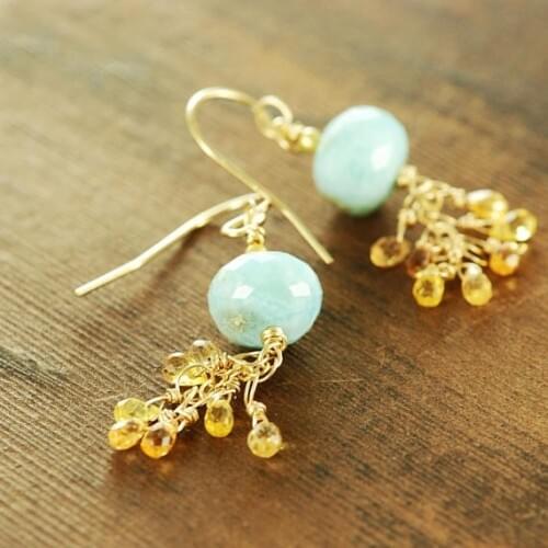 Yellow Sapphire Cluster and Larimar Gold Dangle Earrings Sky Blue Larimar Sapphire Earrings