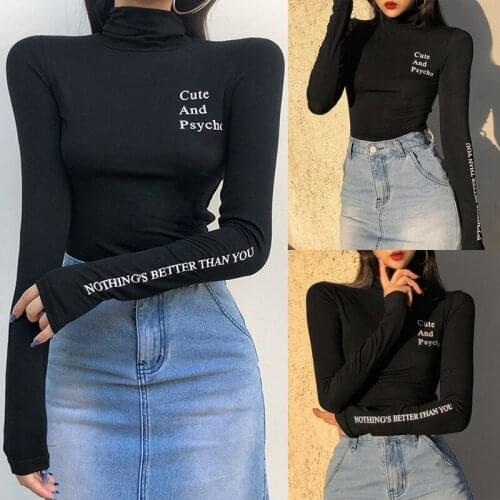 Womens Stretch Slim Letter Printing Long Sleeve T-Shirt Womens Turtleneck Bottoming Shirt Black