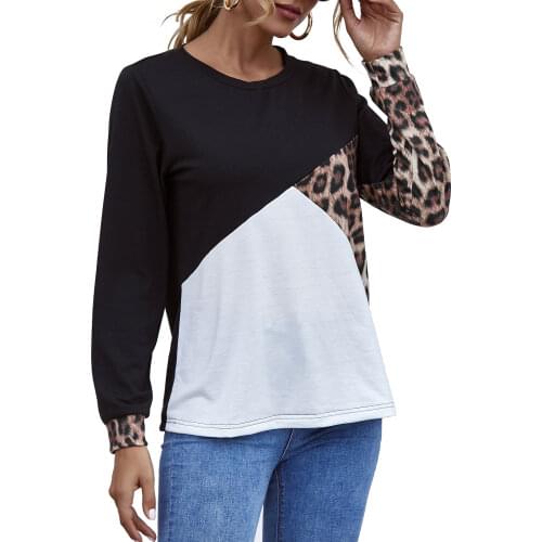 Spring Autum 2021 Women T-shirt Long Sleeve Fashion New Leopard Splicing O Neck Female Sweatshirt Casual Loose Mujer Tops