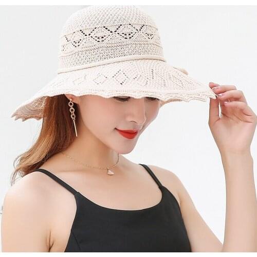 2019 foldable portable belt Lady fisherman hat Summer big side sunshade beach hat Ms. travel travel hollow knit hat