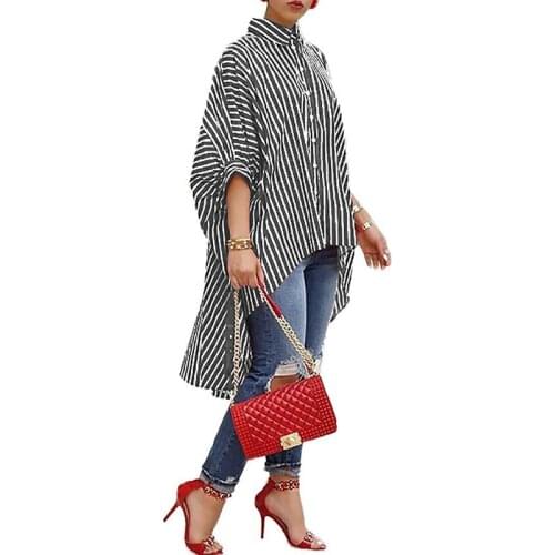 2019 Striped Blouse Long Shirt Women Blusas Loose Batwing Sleeve Turn-down Collar Asymmetrical Button-Up Casual Blouses Shirts