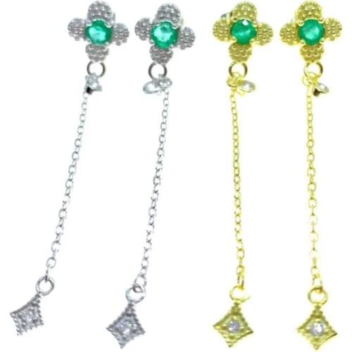 Fashion delicate Clover natural green Emerald Ear line Natural gemstone drop earrings S925 silver woman girl part gift jewelry