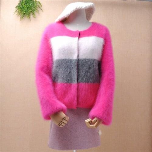 Girls women fashion hairy fluffy mink cashmere short style crop top long lantern sleeves cardigan angora fur jacket coat sweater