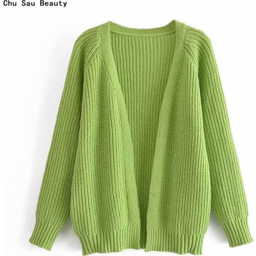 Chu Sau Beauty 2021 New Womens Fruit Green Knitted Cardigan Early Autumn Fashion Long Sleeve Sweater Jacket