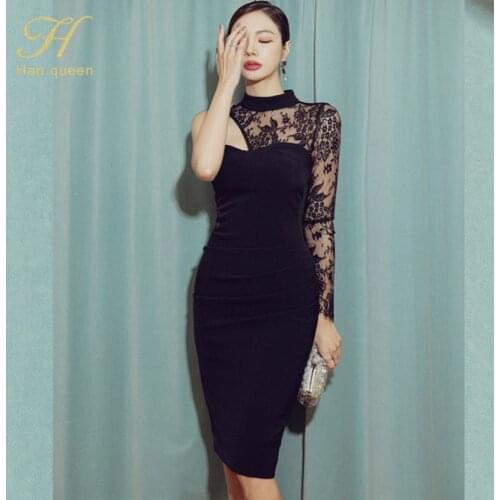 H Han Queen 2021 Spring New Korean Elegant Sexy Lace Stitching Sheath Bodycon Pencil Dress Office Lady Black Chic Party Dresses