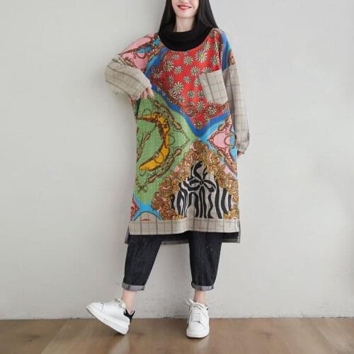 Women Winter Fleece Irregular Length Printed Dress Ladies Loose Print Dresses Female Plaid Patchwork Dresses