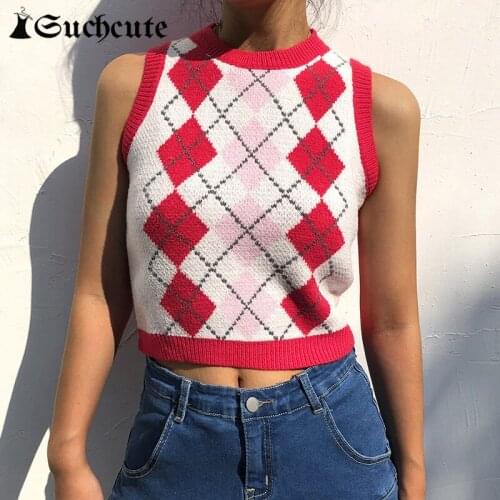 SUCHCUTE Preppy Style Argyle Plaid Sweater Vest For Women Y2K O Neck Crop Knitted Vest Streetwear 2021 Spring Ladies Pullover