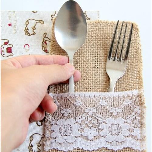 10/20/50PCS Burlap Lace Cutlery Pouch Holder Bag Rustic Wedding Tableware Knife Fork Bags Party Supplies Decoration Accessories