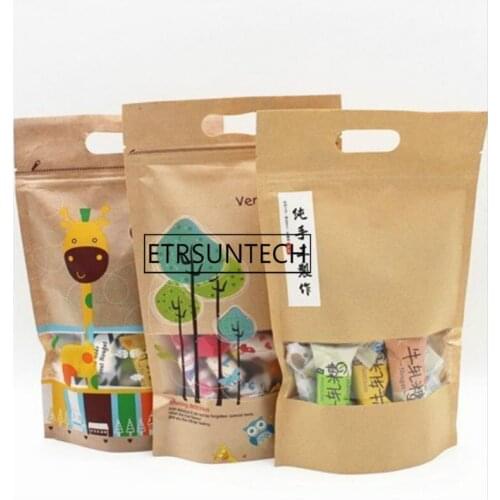 1000Pcs Stand Up Kraft Paper Package Bag with Colour Deer Drawing Seal Food Nuts Packing Bag with Handle