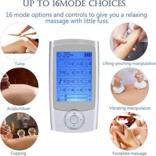 16 Modes+4 Pad 2in1 LCD Screen EMS MuscleStimulator TENS Unit Physiotherapy Body Massager Dual Output Electric Mini Pain Relief