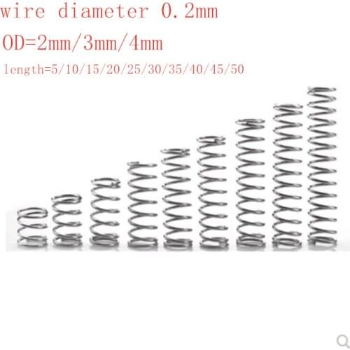 20pcs/lot 0.2mm Stainless Steel Micro Small Compression spring OD 2mm/3mm/4mm length 5mm to 50mm