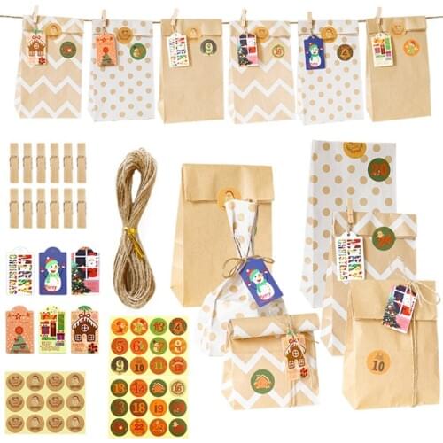 24 Sets Christmas 1-24 Advent Calendar Kraft Paper Candy Bag with Tags Clips Stickers Hemp Rope Gift Storage Decoration