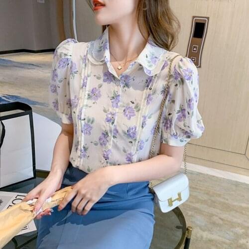 Womens Blouses Top Flower Chiffon Shirts Blouse 2021 Summer Fashion Puff Sleeve Lace Tops Blusas Mujer De Moda Verano
