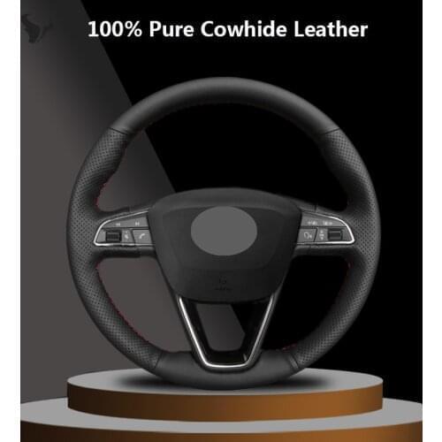 Black Genuine leather steering wheel cover for seat Leon Cupra R 2013-2019 Leon ST Cupra Ateca Cupra 2014 2015 2016 2017 2018