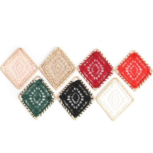 DoreenBeads Fashion Zinc Based Alloy & Cotton Connectors Rhombus Gold White Colorful Woven Pattern Charms 45mm x 38mm, 10 PCs