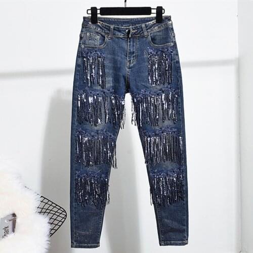 Stretch Skinny Jeans Femme Elastic Denim Jeans Woman Pencil Pants Skinny Long Pant With Sequined Tassel Slim Casual Trousers