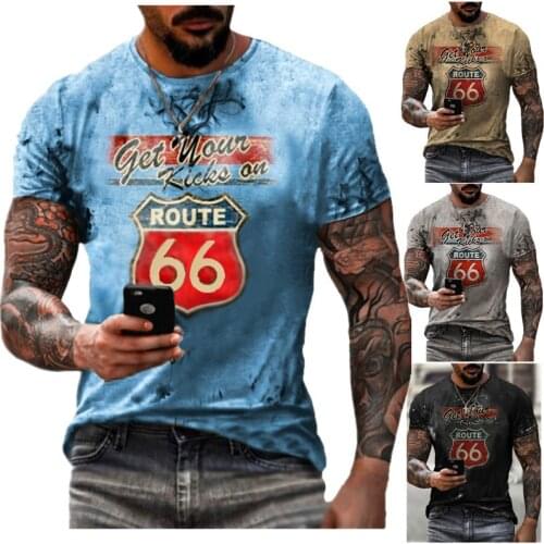 European and American New Route 66 Printed Short Sleeve T-shirt 2021 Summer Fashion Mens Collection Quick-drying Loose Men