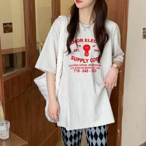 Summer college style cartoon print half-sleeved mid-length loose cotton round neck T-shirt simple and versatile casual women