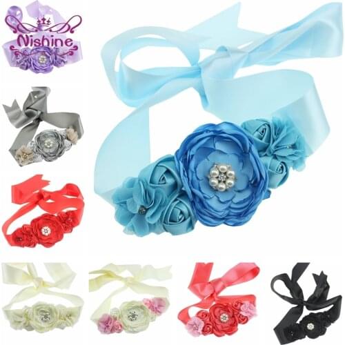 Nishine Fashion Hand Sewn Beads Flower Maternity Belt Women Shining Pearl Rhinestone Roast Floral Sash Prom Clothing Ornaments