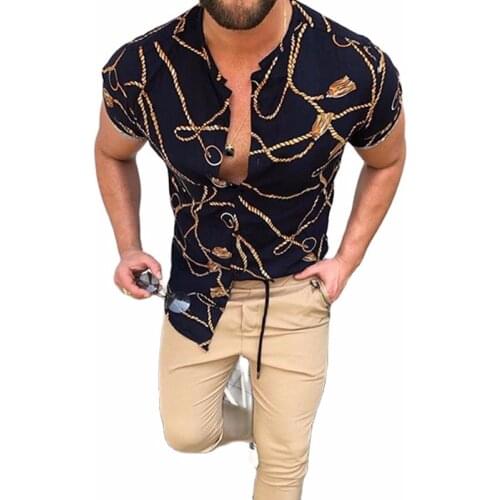 Summer New European American Casual Fashion Printed Hawaiian Shirt Mens Clothing Cardigan Short Sleeve Shirt Men