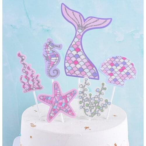 Ocean Cake Insert Card Mermaid Tail Starfish Coral Birthday Cake Topper Mermaid Birthday Decoration Supplies