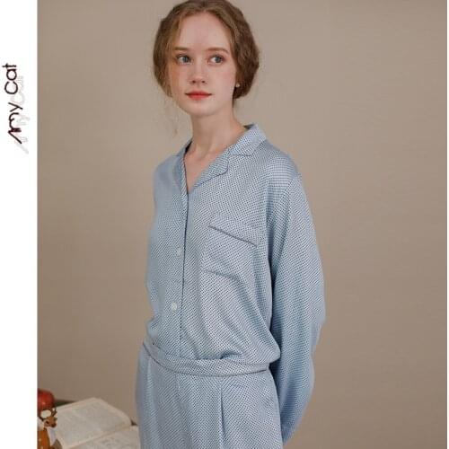 Autumn Womens Lapel Cardigan Pajamas, Satin Black Dot Viscose Breathable Pajamas, Casual Satin Long-sleeved Plus Size Home Wear