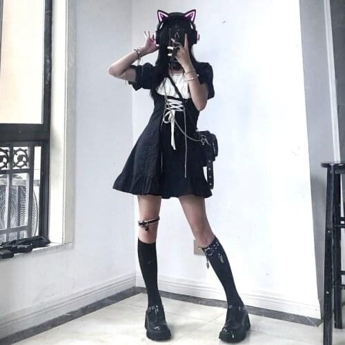 Goth Maid Dress Kawaii Gothic Milkmaid Lolita Outfit Cosplay Costumes E Girl Puff Sleeve Bandage Dress 2021 Mall Goth Emo