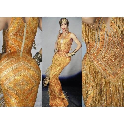 Gold Rhinestones Fringes Dress Nightclub Stage Wear Sleeveless Tassel Dresses Singer Evening Performance Tassel Long Dress