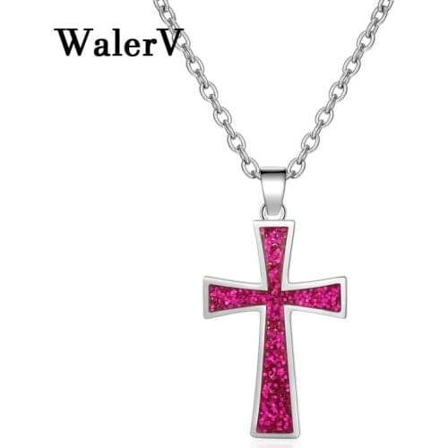 WalerV New for Women Set High Quality Imitation Blue Red Fire Opal Pendant Belief Christian Cross Shape 18 Inches Free Necklace