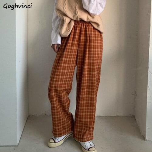 Casual Pants Women Elastic-waist Plaid Long Straight Loose 2XL Summer New Korean Style Students Fashion All-match Womens Chic