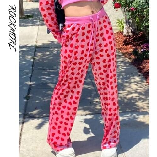 Rockmore Velvet WomenS Sweatpants Baggy Joggers Y2K Pink Streetwear Straight Pants Loose Elastic High Waist Drawstring Trousers