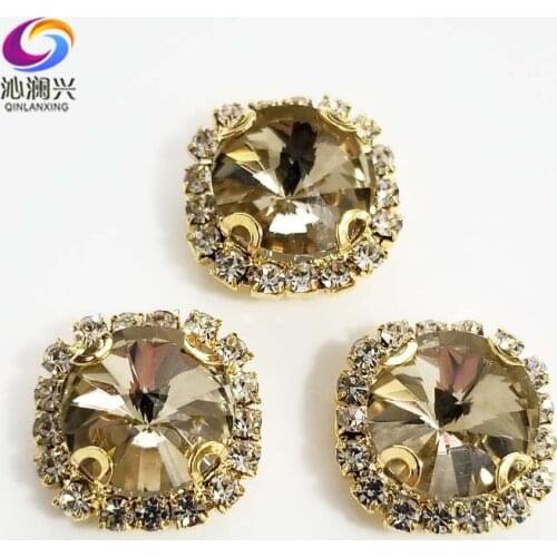 Light coffee Round shape top glass crystal rhinestones with hole,golden bottom sew on stone for Diy Clothing accessories
