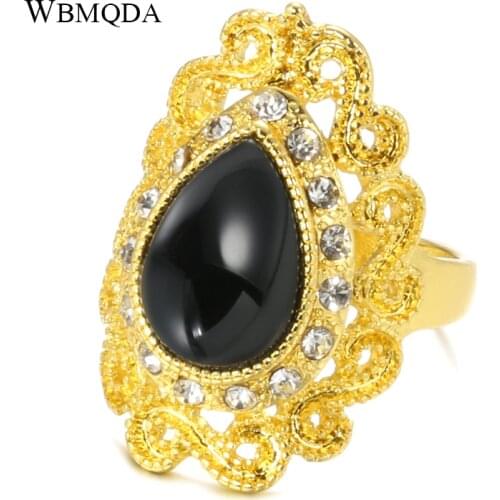 Wbmqda Fashion Gold Color Black Stone Rings For Women Hollow Pattern Ethnic Bridal Wedding Ring Vintage Jewelry