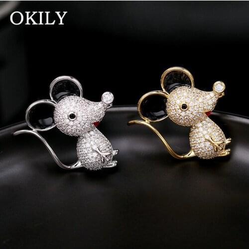 Trendy Gold Color Zirconia Cute Mouse Rat Brooches for Women Enamel Animal Broochpins New Year Gifts