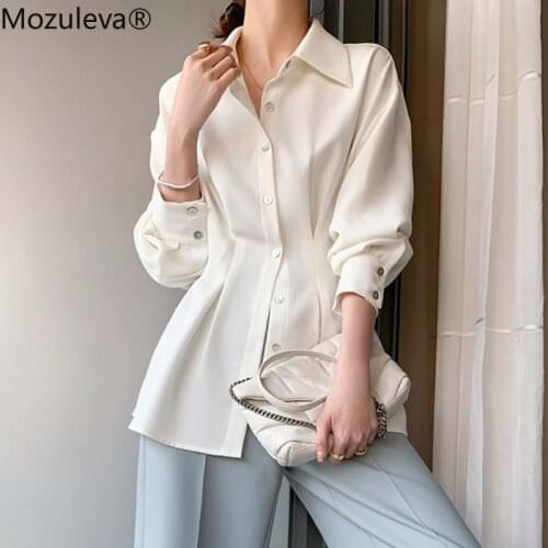 Mozuleva 2021 Women Stylish Chic Turn-down Collar Chiffon Shirts Female Elegant Single-breasted Slim Waist Solid Blouses Tops