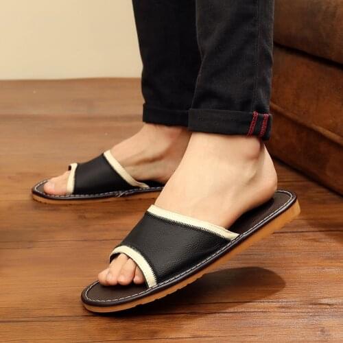 Womens Summer Home Slippers Soft Genuine Leather Couples Indoor Shoes Solid Anti-Skip Mens Slipper