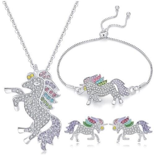 Crystal Unicorn Necklaces & Earrings & Bracelet Trendy Unicorn Jewelry For Women Baby Gifts for Girls Rainbow Jewelry with box