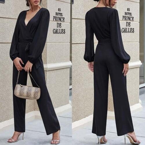 Womens Sexy Deep V Neck Jumpsuit High Waist Belted Long Sleeve Tie Waist Belt Fitted Romper Playsuit Formal Evening Party