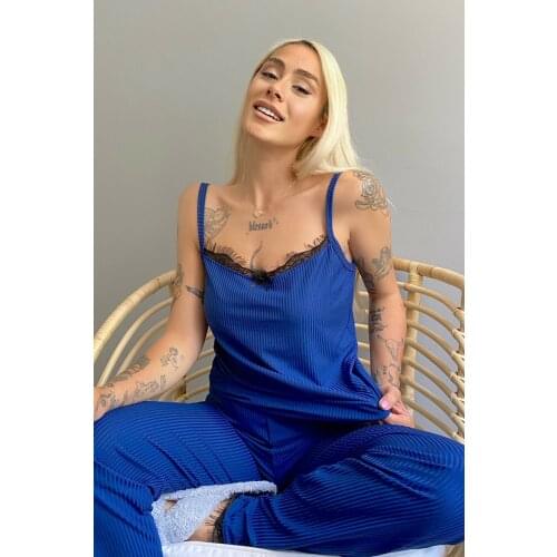 Womens Navy Blue Pajamas Set Striped Two Piece Lace V-Neck Rope Strap Nightgown Set Comfortable Rope Strap Knitted