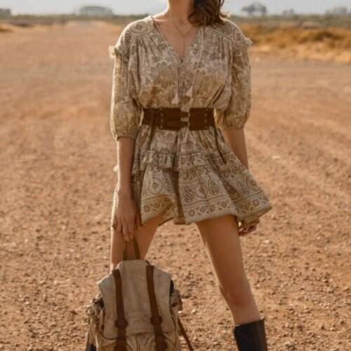 Happie Queens women floral print half sleeve tassel ruffles beach Bohemian mini dresses Ladies loose v-neck rayon vintage dress