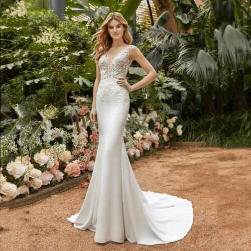 Sexy Mermaid Wedding Dress V Neck Open Back Elegant Vestido De Novia Princess Lace Sweep Train Beach Bridal Gowns 2021 Customize