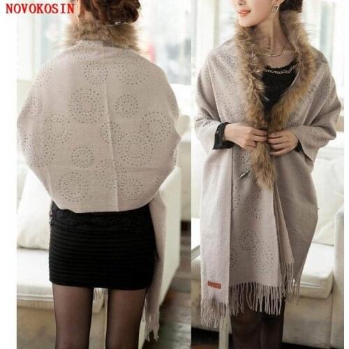 2020 Winter Luxury Printed Pashmina Wool Cashmere Warm Thick Diamond Shawl Women Raccoon Fur Collar Cape Long Scarf With Tassel