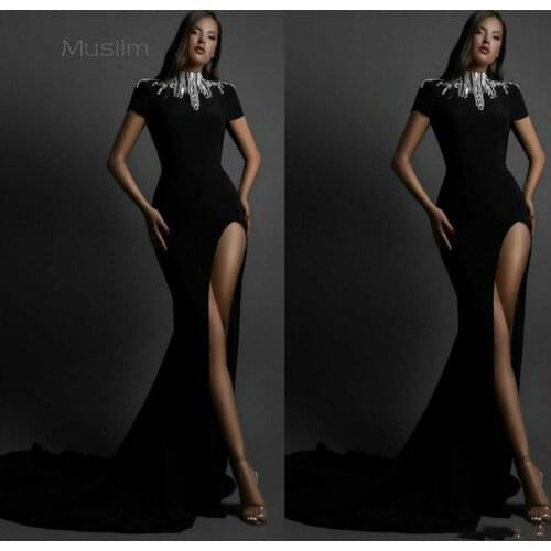 2020 Black Evening Dresses High Neck Short Sleeve Sexy High Split Mermaid Prom Dress Sweep Train Elegant Graduation Party Dress