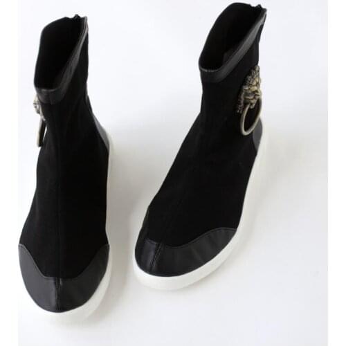 2021 Spring new Arrival Retro Chinese style middle tube canvas boots mens rubber sole Knight boots Unique Metal lion head Shoes